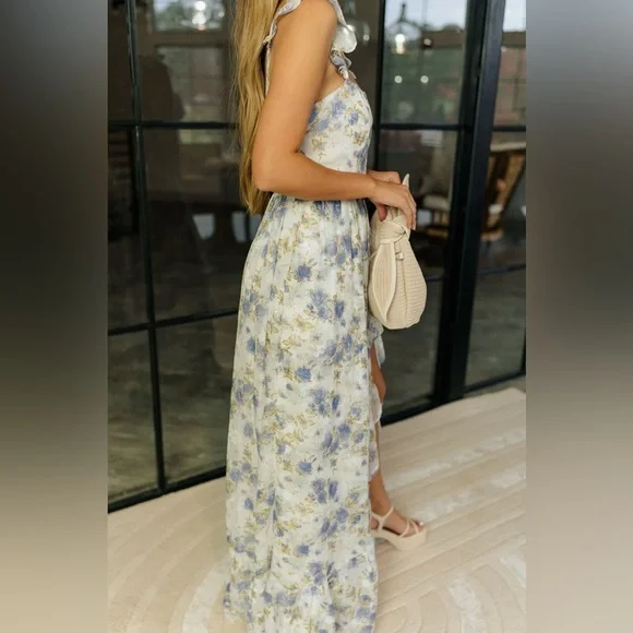 SOLD NWT BLUE AND WHITE FLORAL MAXI RUFFLE DRESS WITH SLIT - FORMAL DRESS - Picture 10 of 15